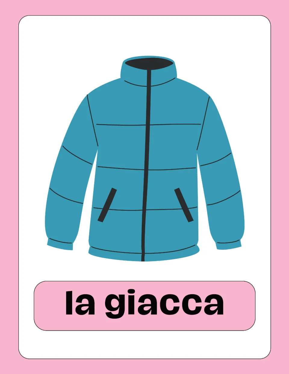 Italian clothing flashcard 5 of 25: a teal jacket labeled 'la giacca' (jacket), with a zipper and pockets