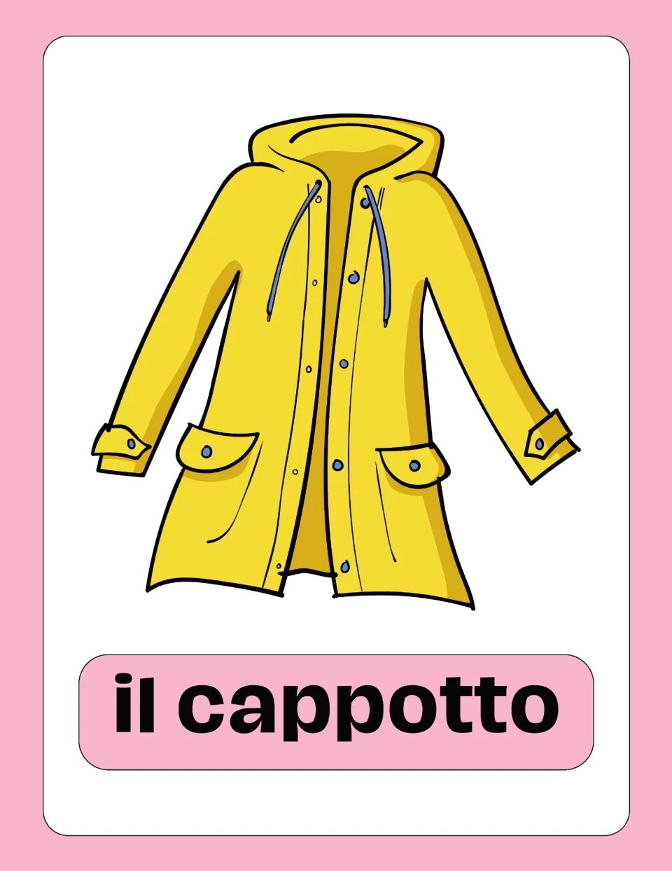Italian clothing flashcard 6 of 25: a yellow hooded coat labeled 'il cappotto' (coat), with buttons and pockets