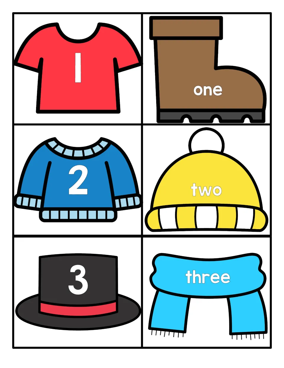 Numbers 1 to 3: numerals on a shirt, sweater and top hat; matching words one, two, three on a boot, beanie and scarf