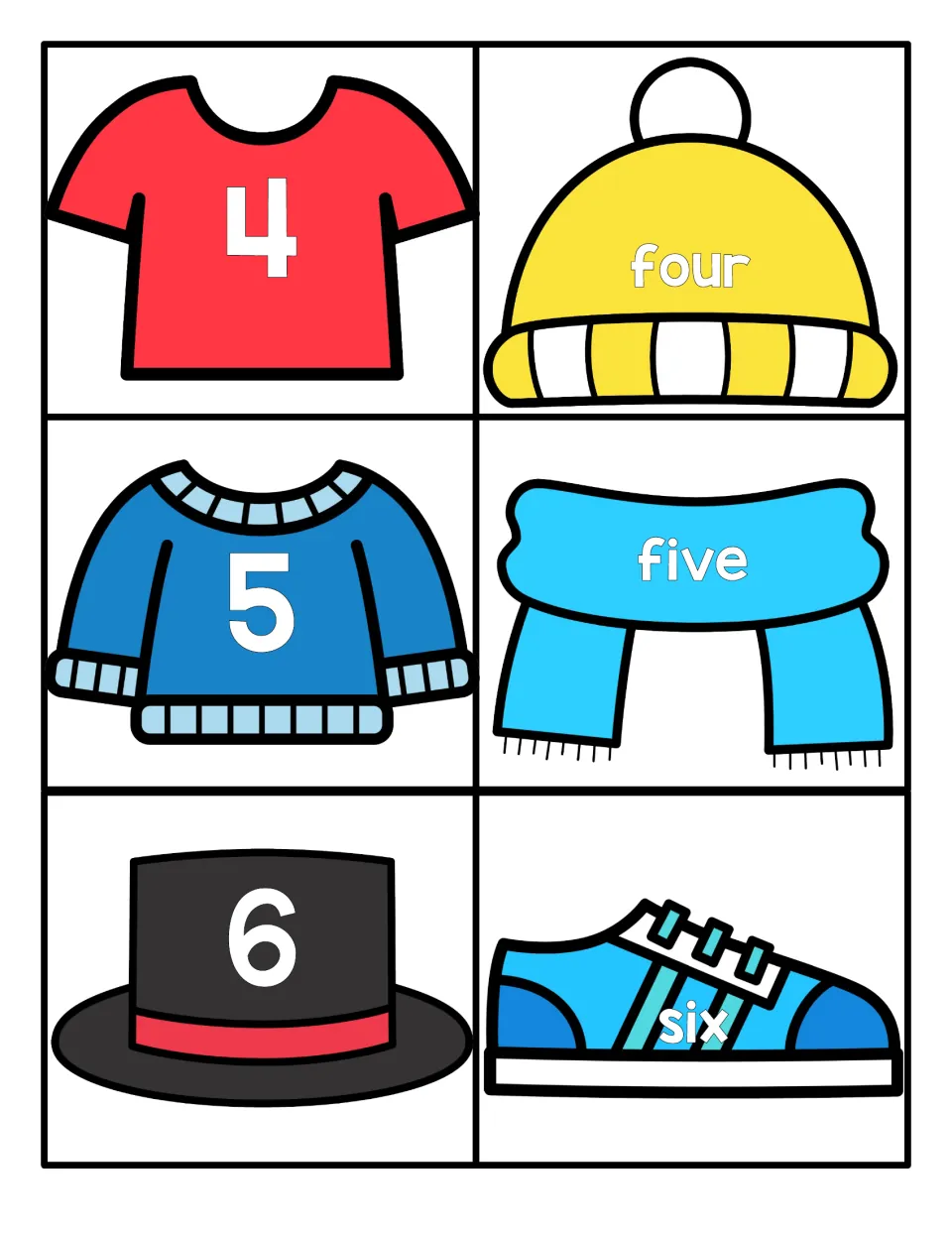 Numbers 4 to 6: numerals on a shirt, sweater and top hat paired with words four, five, six on a beanie, scarf and sneaker