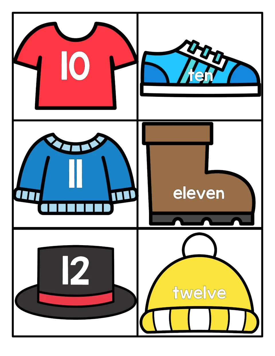 Numbers 10 to 12: numerals on a shirt, sweater and top hat matching ten, eleven, twelve on a sneaker, boot and beanie