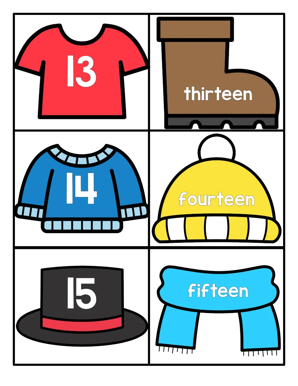 Teen numerals 13-15 on a shirt, sweater and top hat; words thirteen, fourteen, fifteen on a boot, beanie and scarf