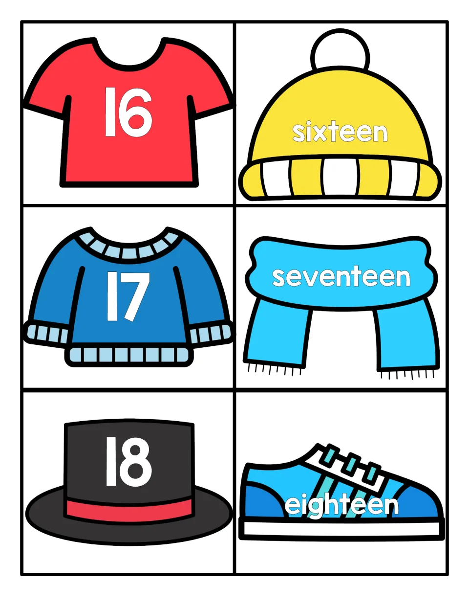 Teen numerals 16-18 on a shirt, sweater and top hat; words sixteen, seventeen, eighteen on a beanie, scarf and sneaker