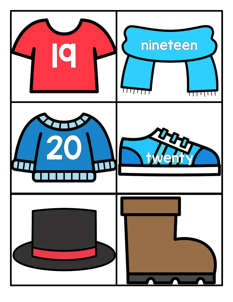 Numbers 19 and 20: numerals on a shirt and sweater, words nineteen and twenty on a scarf and sneaker, blank hat and boot