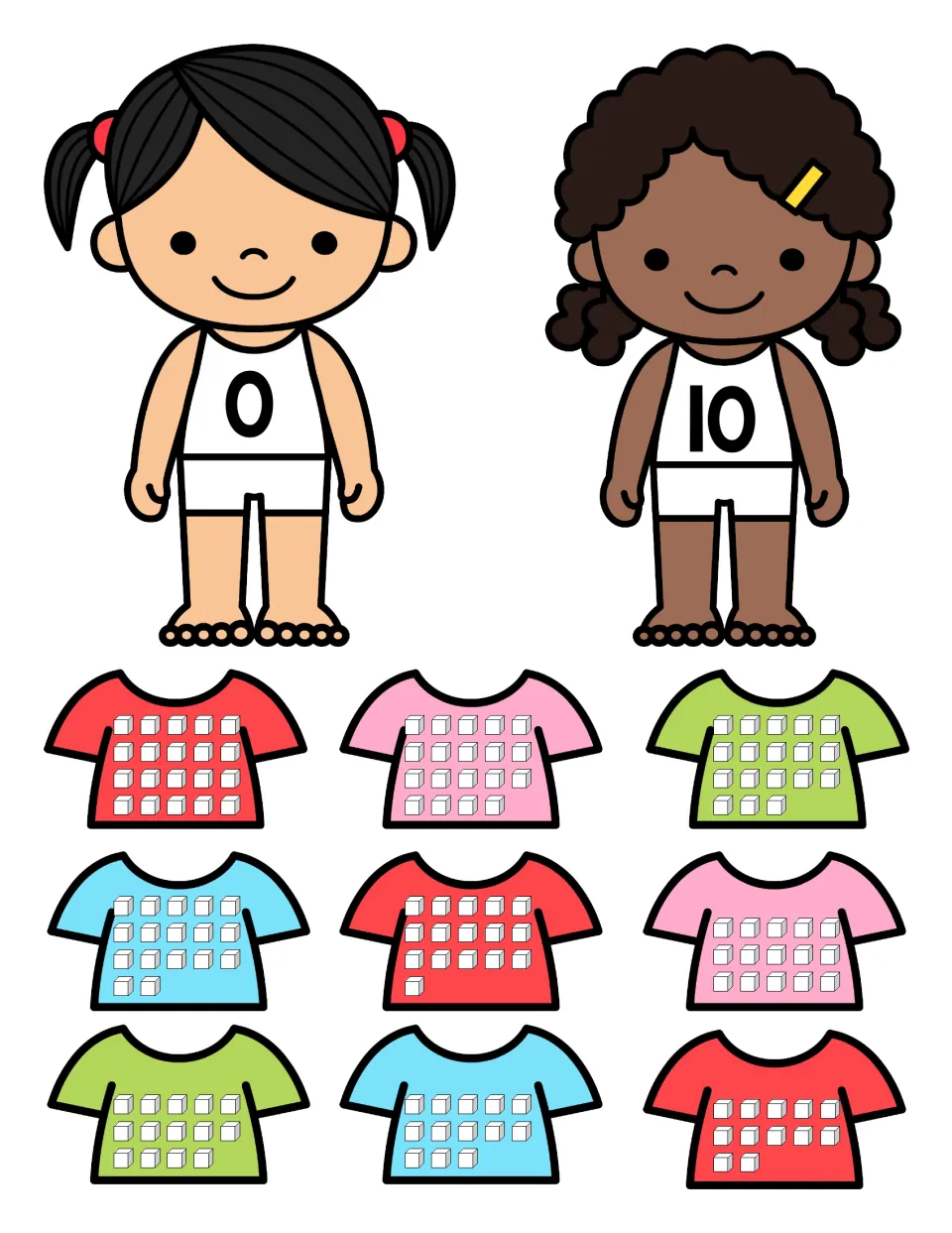 Counting cubes to 20: children numbered 0 and 10 with cut-out shirts showing 20 down to 12 cubes to match to each number