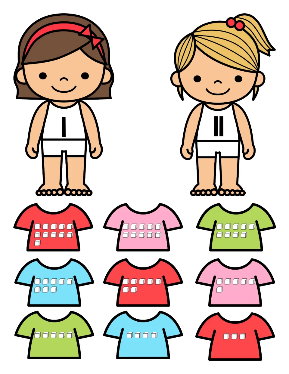 Counting cubes: children numbered 1 and 11 plus cut-out shirts showing 11 down to 3 cubes for students to count and match