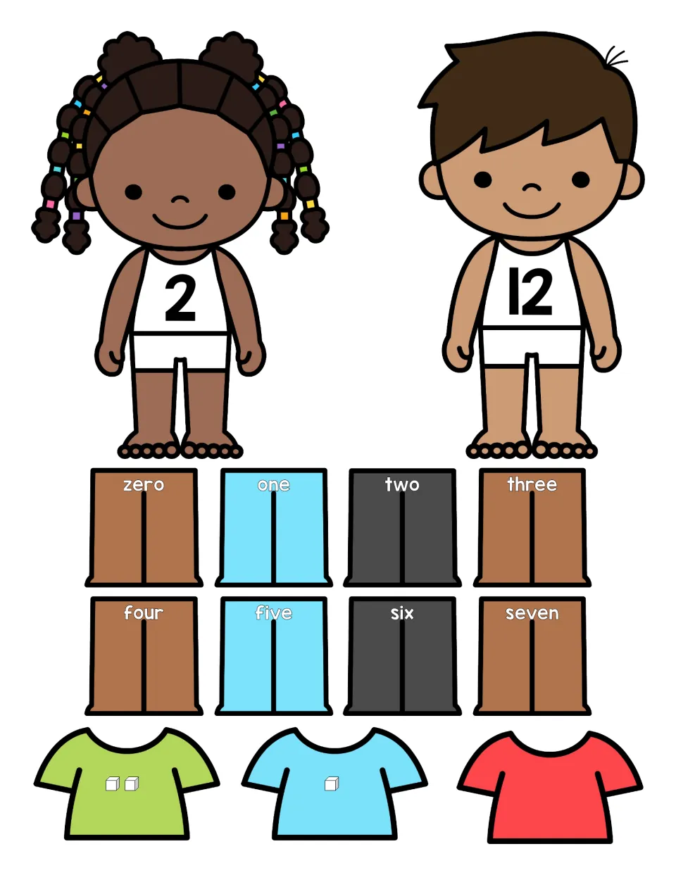 Number words zero to seven on cut-out pants, shirts with 2, 1 and 0 cubes, and children numbered 2 and 12 to dress