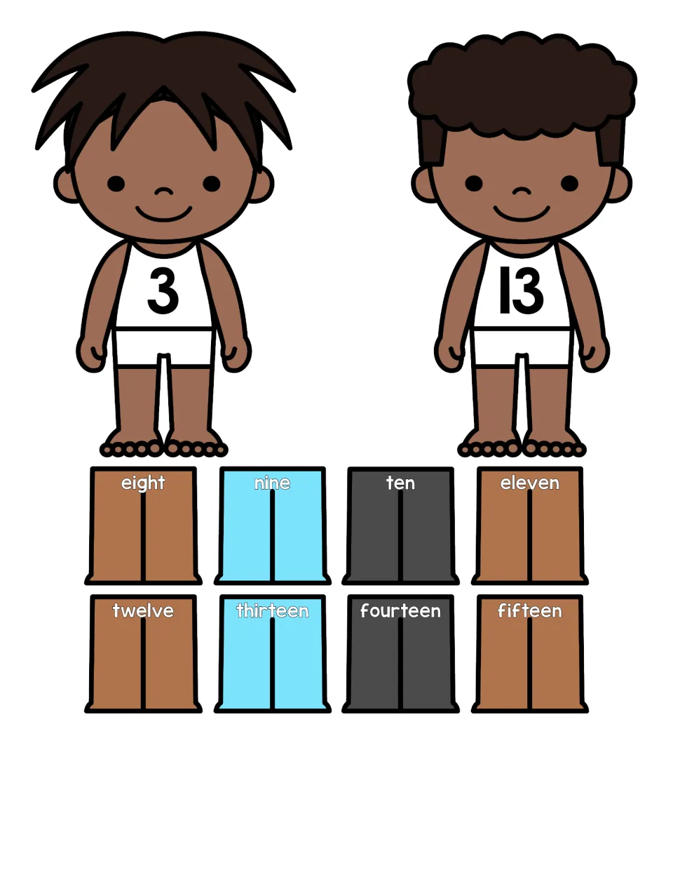 Number words eight to fifteen on cut-out pants for matching to numerals, with children numbered 3 and 13 to dress
