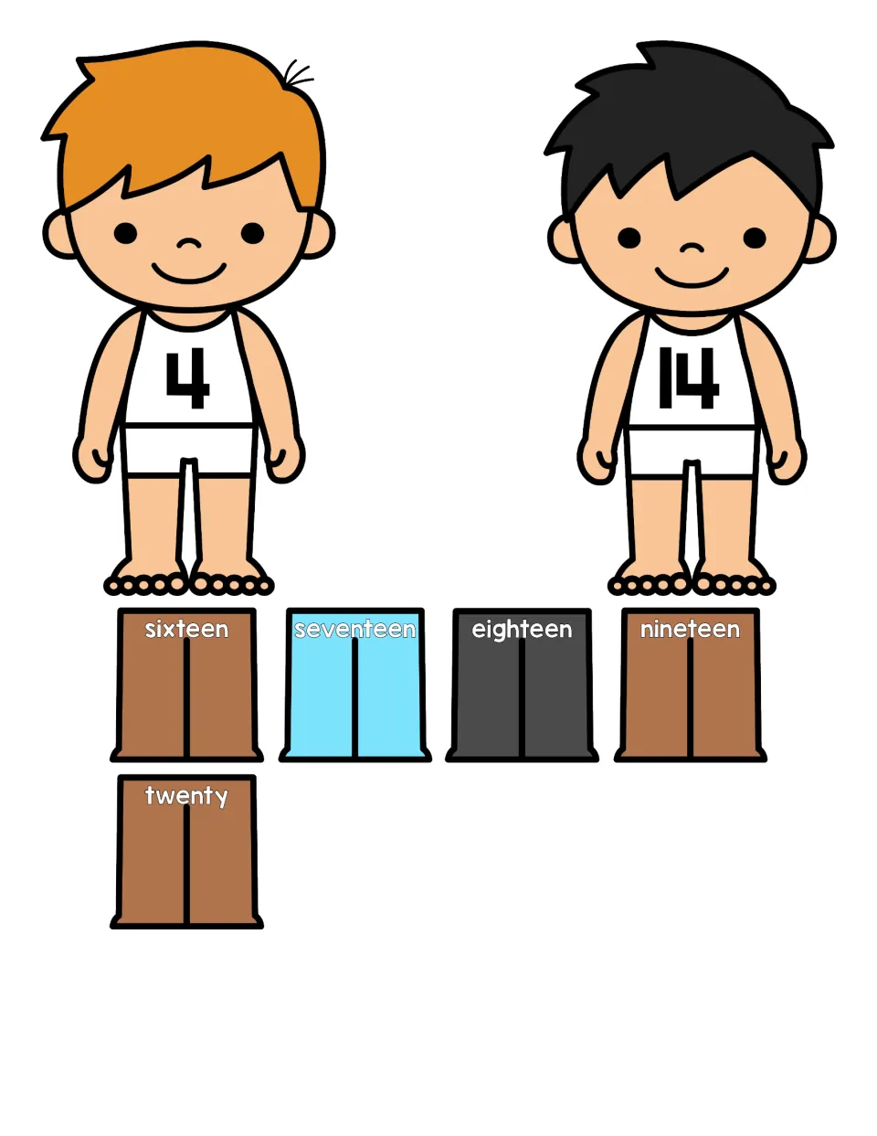 Number words sixteen to twenty on cut-out pants, with children numbered 4 and 14, for matching each word to its numeral