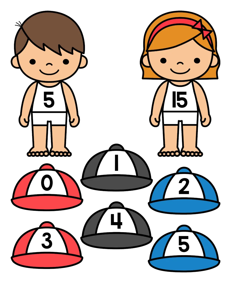 Numeral matching: cut-out caps labeled 0 to 5 to match to children by number, with children numbered 5 and 15 to dress