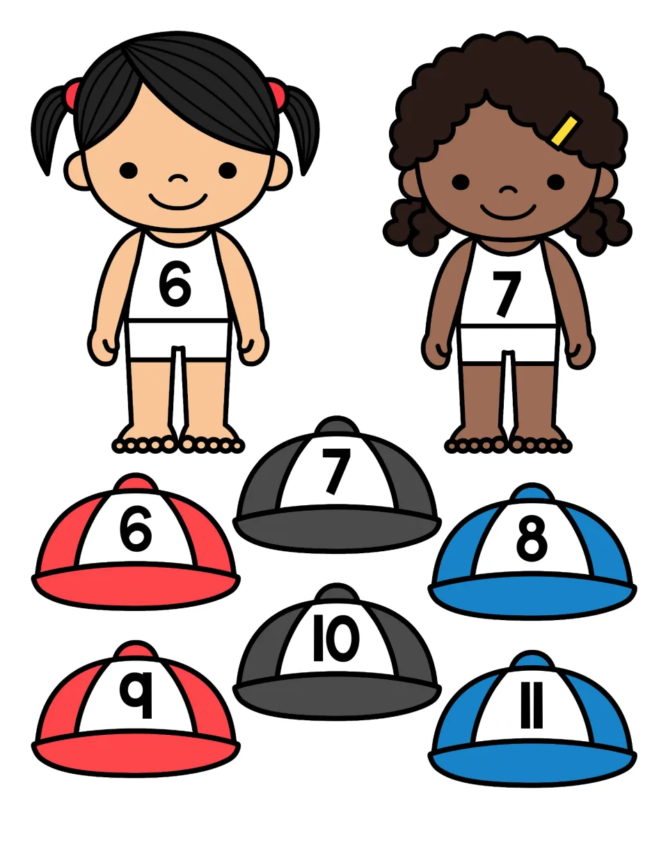 Numeral matching: cut-out caps numbered 6 to 11 for matching identical numerals, plus children wearing 6 and 7 to dress
