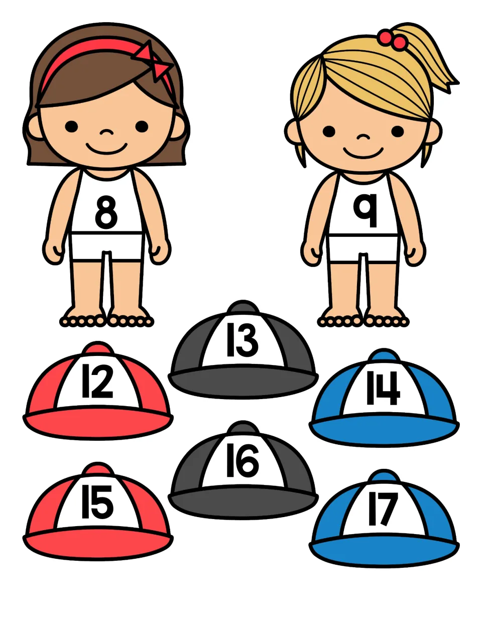 Teen numeral matching: cut-out caps numbered 12 to 17 to pair with matching children, plus children numbered 8 and 9