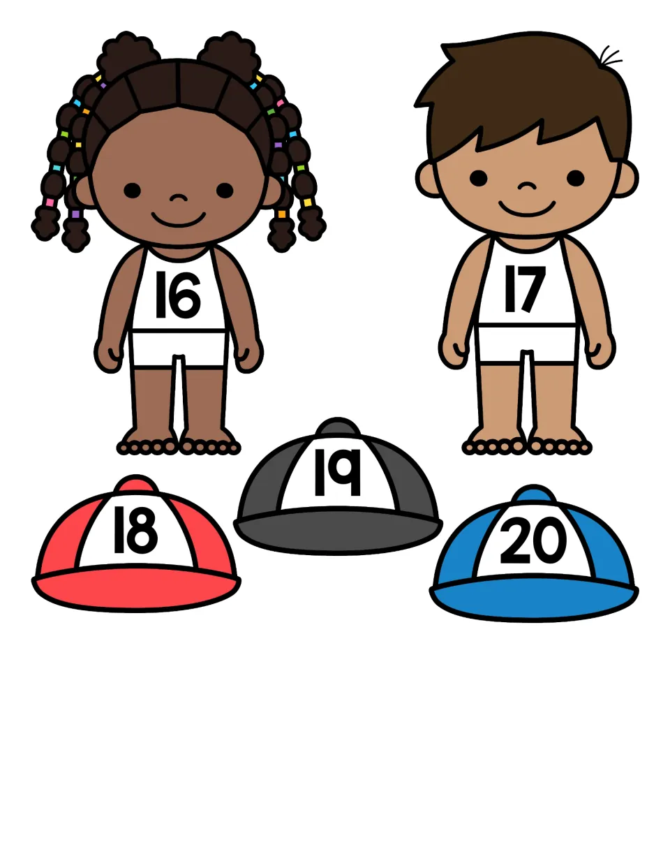 Numeral matching to 20: cut-out caps numbered 18, 19 and 20, with children wearing 16 and 17 to dress in matching clothes