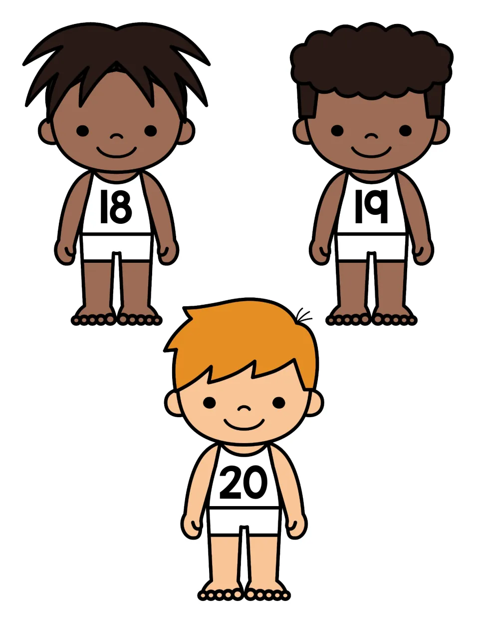 Cut-out children wearing numbers 18, 19 and 20, the final figures for students to dress with matching shirt, pants and cap
