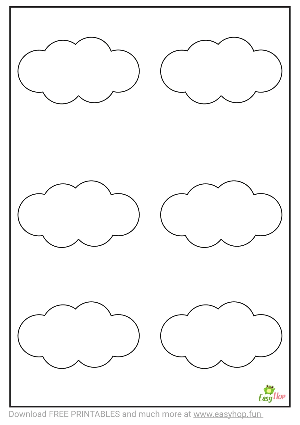 Cloud template sheet featuring six small blank cloud shapes for cutting, sorting, or creating art projects