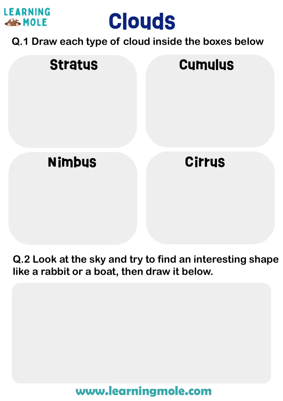 Cloud types: students draw stratus, cumulus, nimbus and cirrus clouds, then sketch a cloud shape they spot in the sky