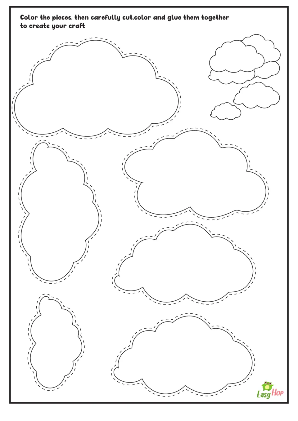 Cloud craft: students color six outlined cloud pieces, cut along the dashed lines and glue them together
