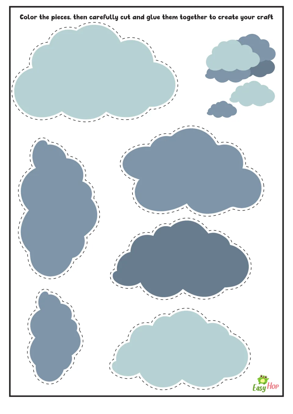 Colored cloud craft: six blue and gray cloud pieces with dashed cut lines for students to cut out and glue together