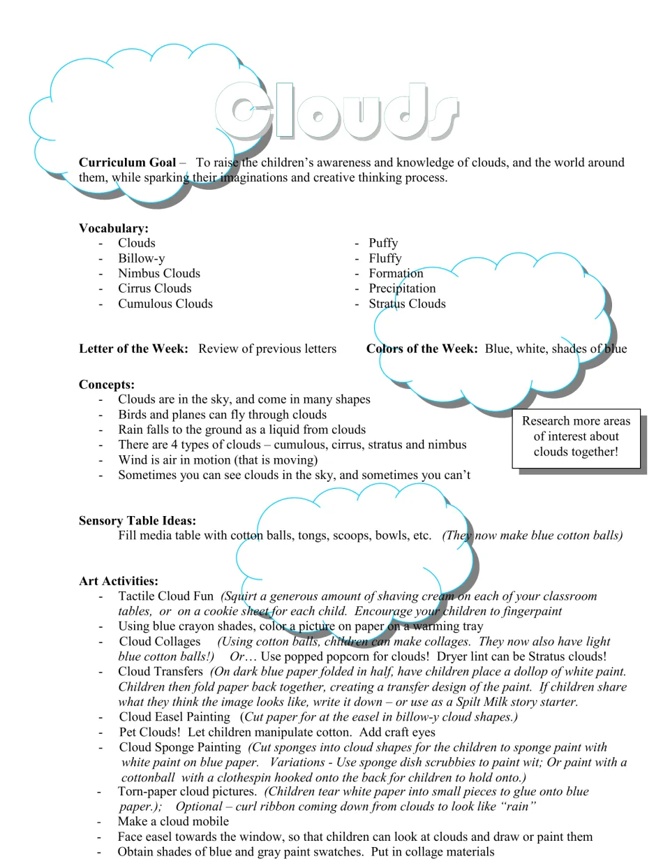 Cloud curriculum overview with vocabulary, weekly colors, concepts, sensory table ideas, and art activities