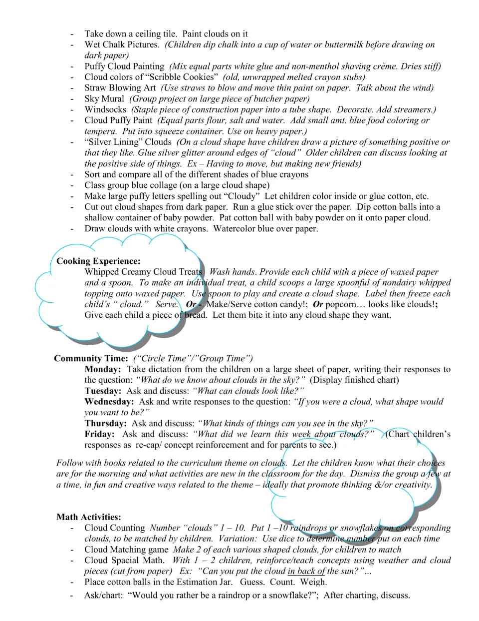 Cloud activity ideas continue with art, whipped topping treats, daily circle time prompts, and counting activities