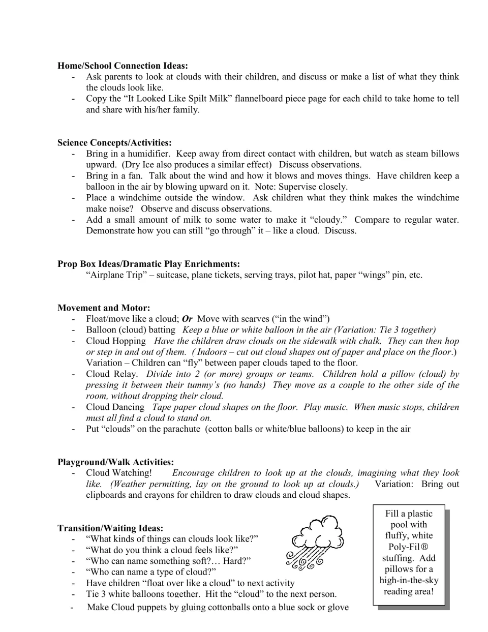 Cloud curriculum ideas for family connections, science, airplane dramatic play, movement, and outdoor observation