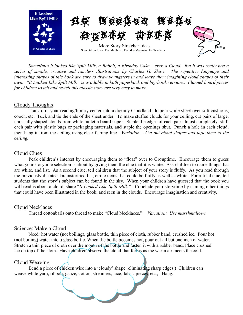 Story extensions for It Looked Like Spilt Milk include cloud clues, necklaces, weaving, and a cloud experiment