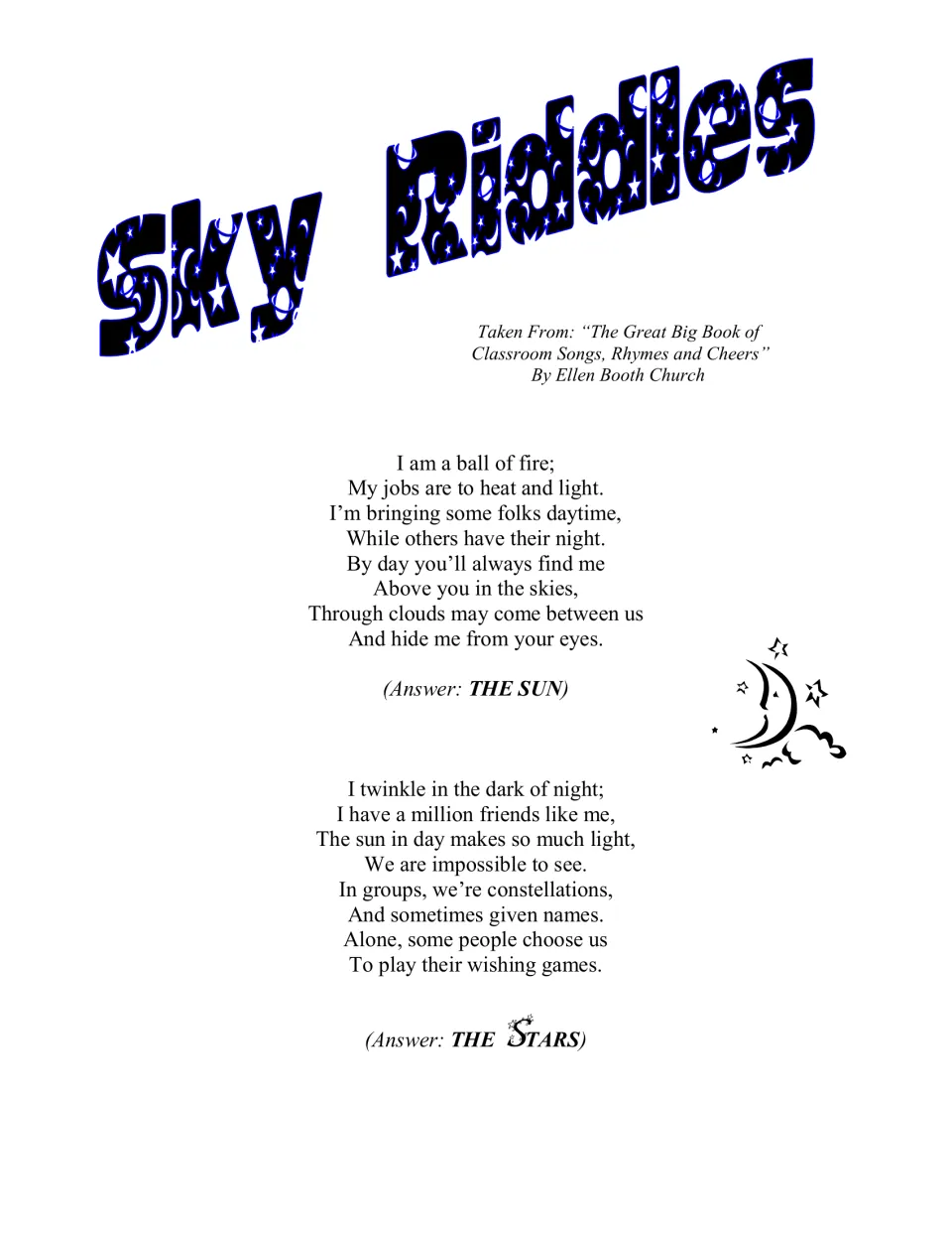 Sky riddles in the cloud curriculum describe daytime heat and light and nighttime twinkling; answers are sun and stars