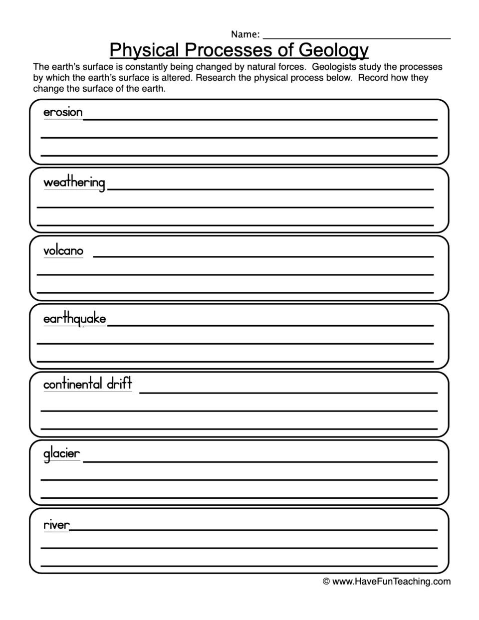 Geology research worksheet: erosion, weathering, volcano, earthquake, continental drift, glacier, and river