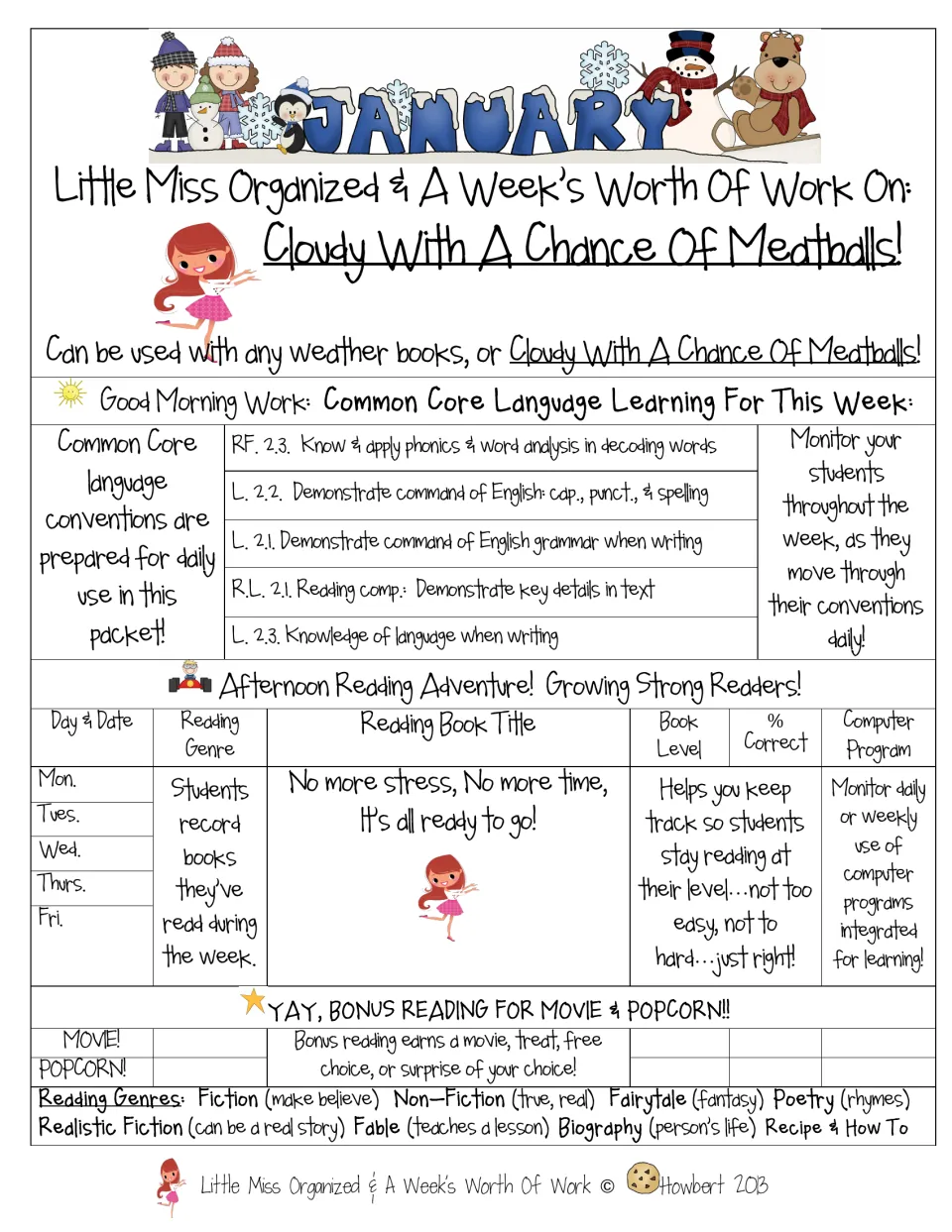 Cloudy With A Chance Of Meatballs weekly packet overview: January morning language work, reading log and genre key