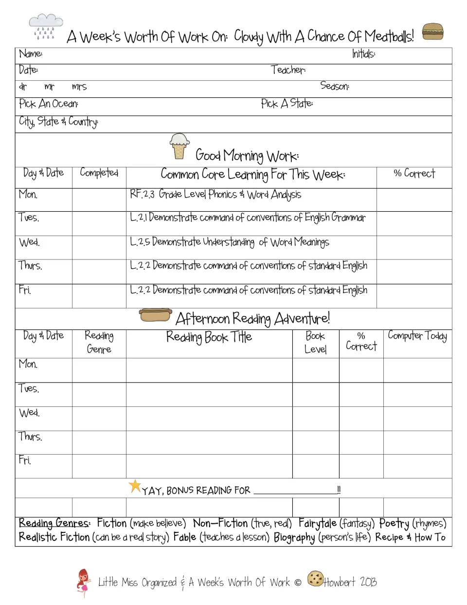 Weekly student tracker: name and date fields, daily morning work checklist, reading log and bonus reading line