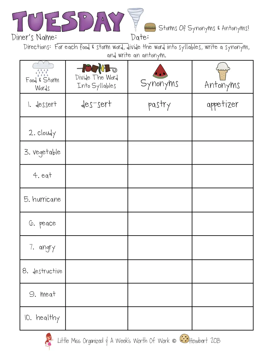 Tuesday synonyms and antonyms: students split 10 food and storm words into syllables and write a synonym and antonym