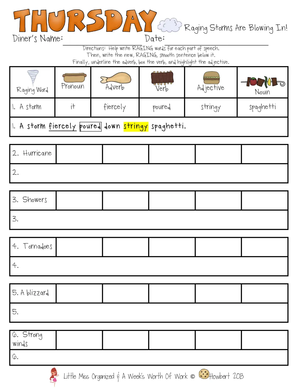 Thursday parts of speech: students add pronoun, adverb, verb, adjective and noun to storm words and write a sentence