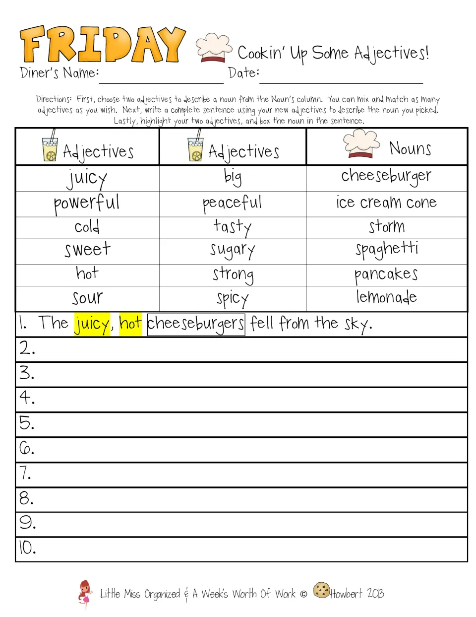 Friday adjectives: students pick two adjectives for nouns like cheeseburger or storm and write 10 describing sentences