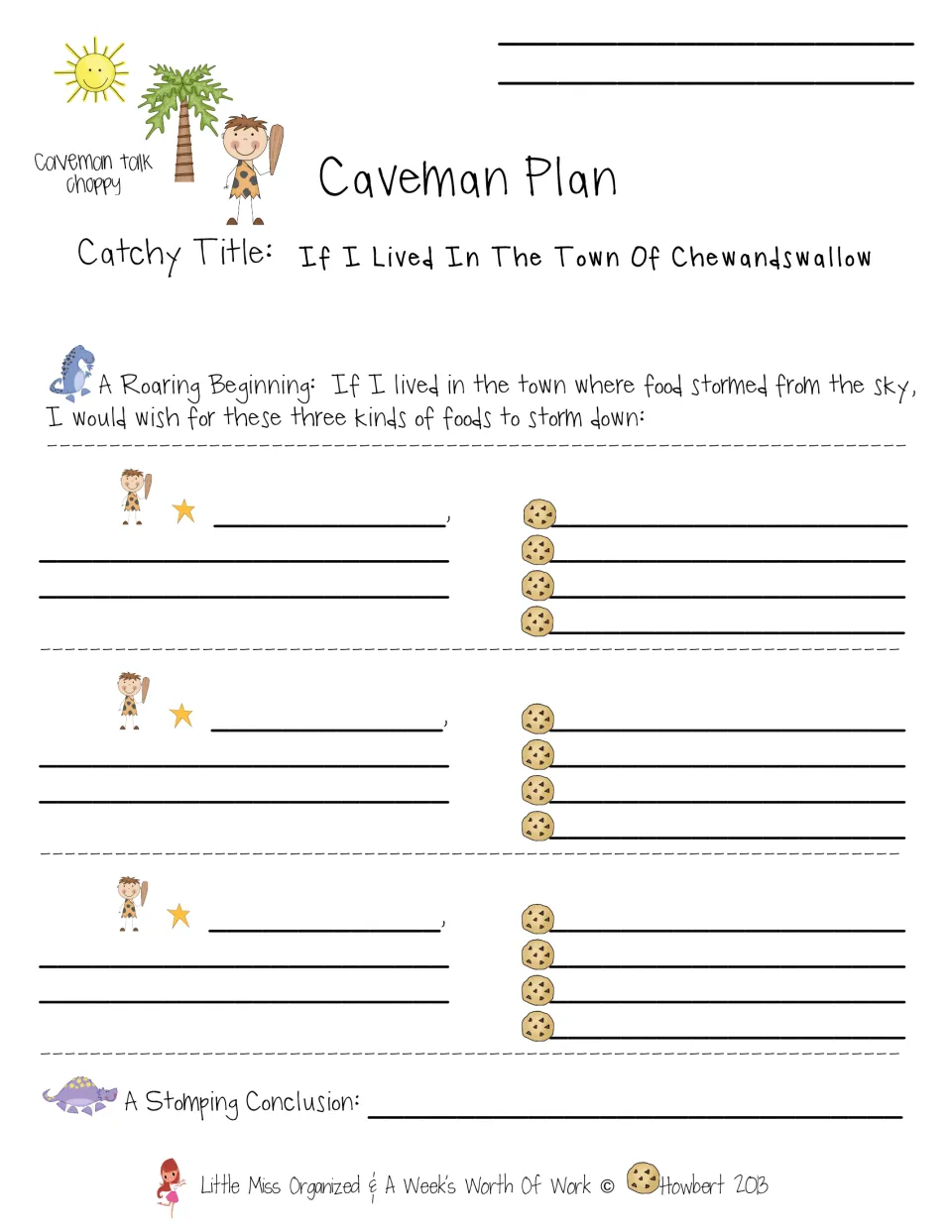 Caveman Plan organizer: students plan If I Lived In The Town Of Chewandswallow with three foods and a conclusion