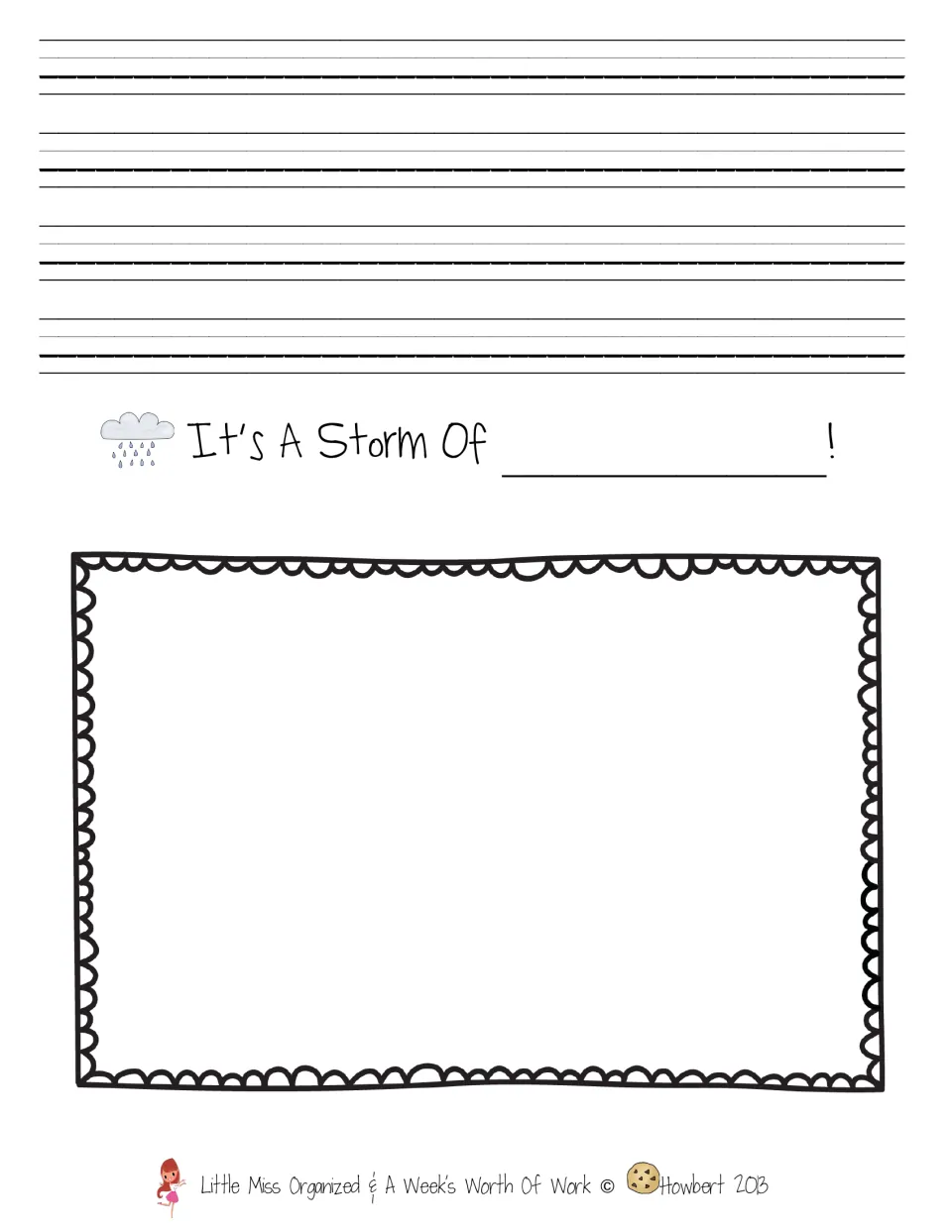 It's A Storm Of ___! writing page: students write on handwriting lines and draw their own food storm in a frame