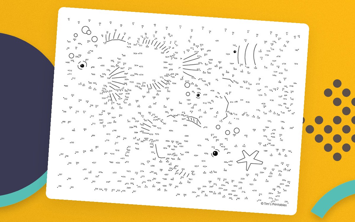 Dense clownfish connect-the-dots page with hundreds of numbered dots and a small starfish.