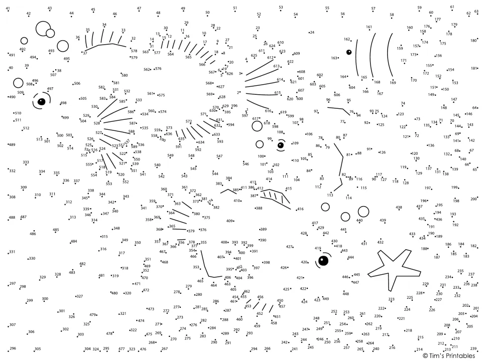 Clownfish reef dot-to-dot: students connect numbered dots 1 to 636 to reveal fish and coral around a drawn starfish