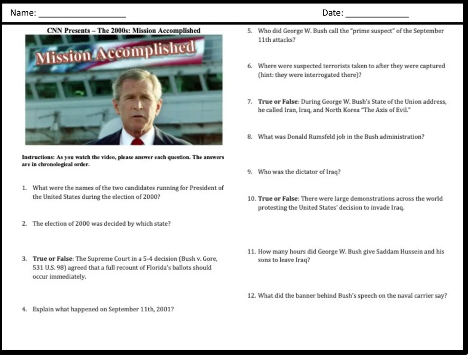 2000s video questions: students answer 12 items on the 2000 election, 9/11, the Iraq War and Bush's carrier speech