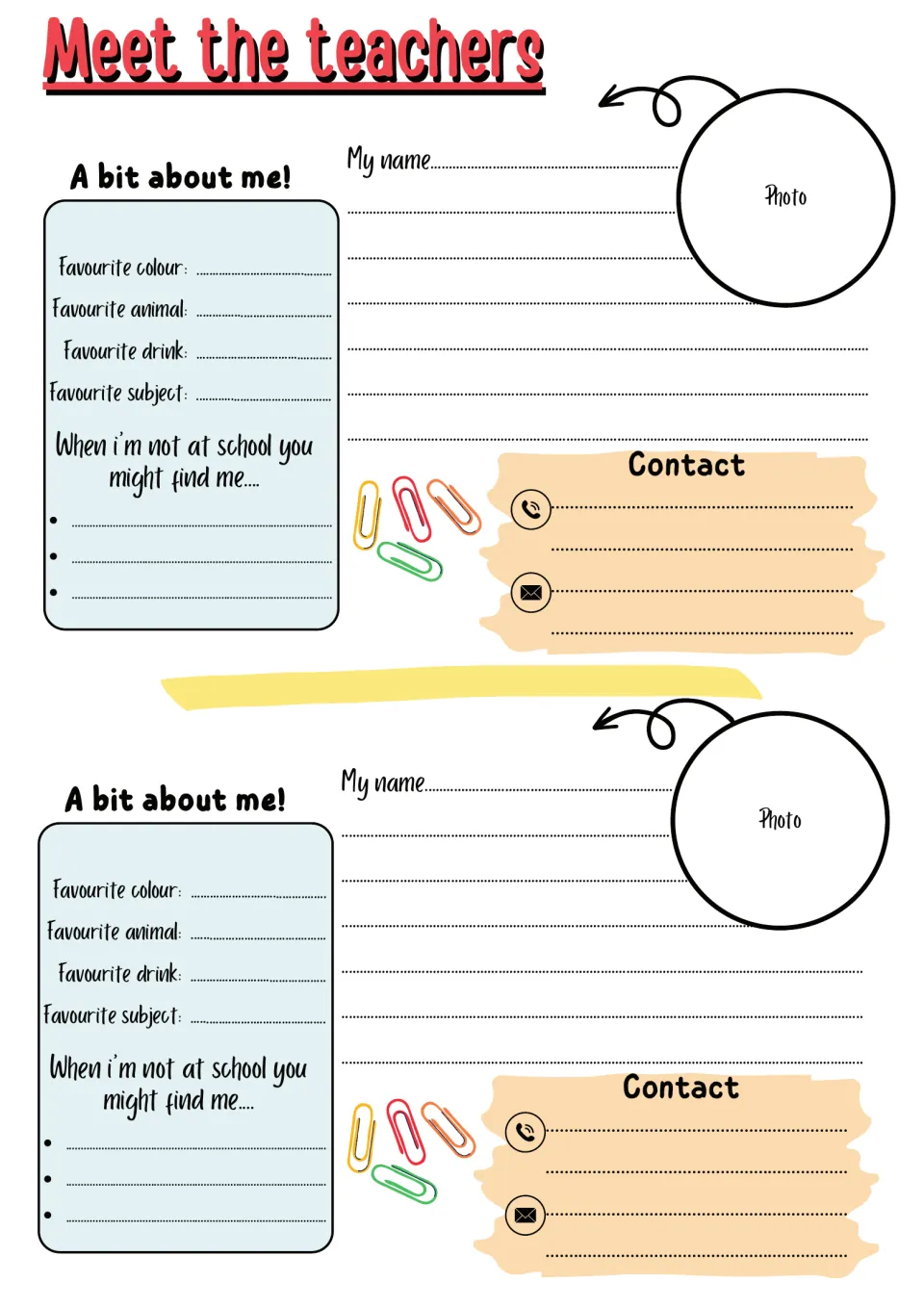 Meet the teachers: two profiles to fill in with name, photo, favourite colour, animal, drink, subject and contact