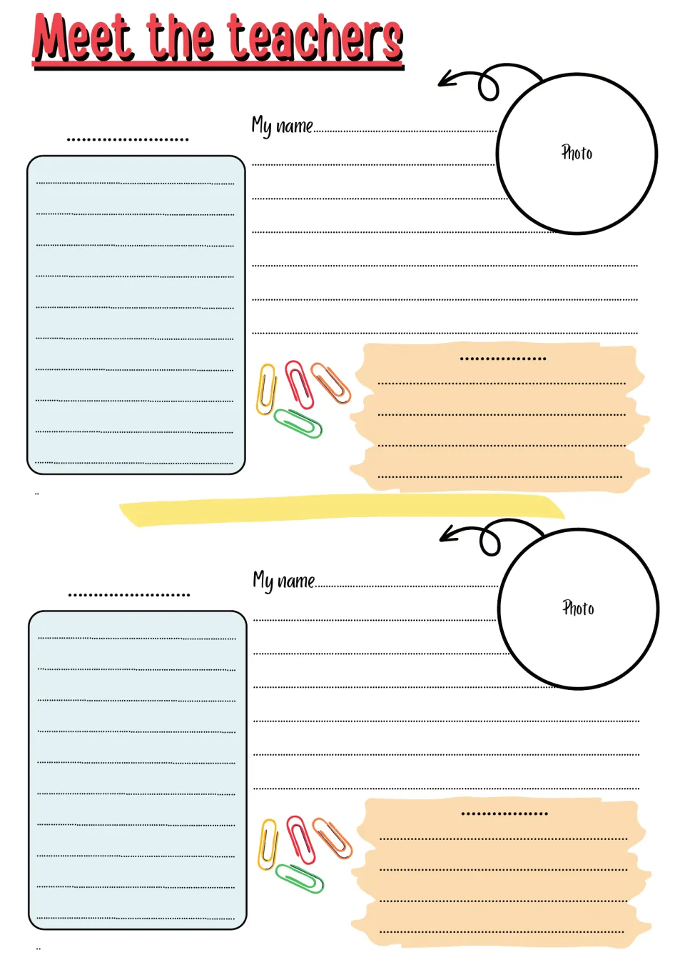 Customizable meet the teachers: two teacher profiles with My name, photo and untitled sections to add your own prompts