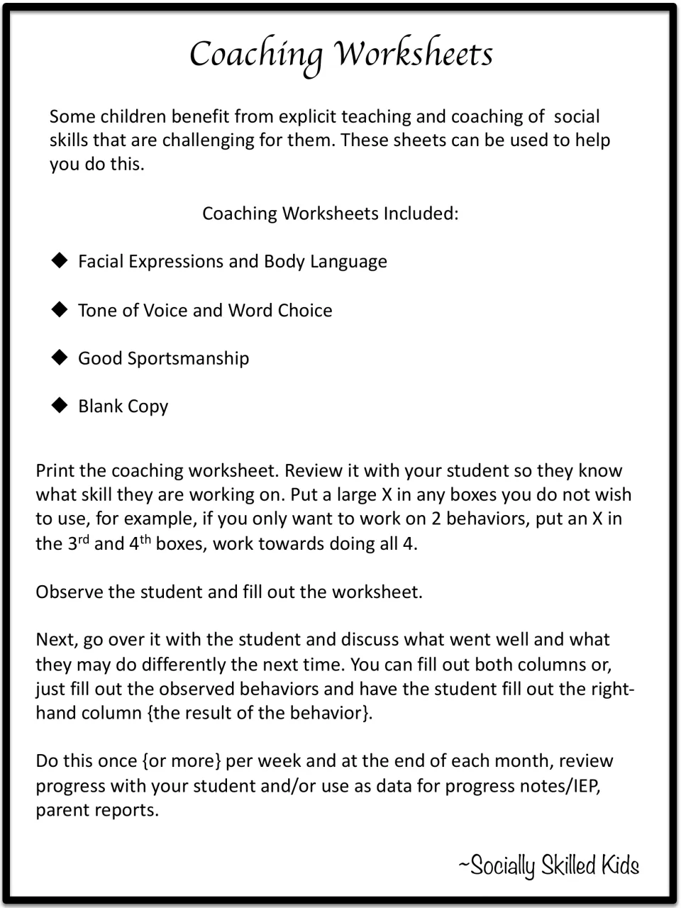 Coaching Worksheets intro listing facial expression, voice tone, sportsmanship and blank sheets, with steps for observing