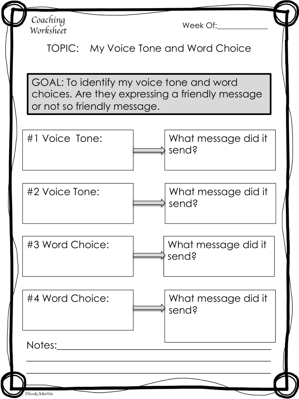 Voice tone and word choice: note two voice tones and two word choices, then whether each message was friendly or not