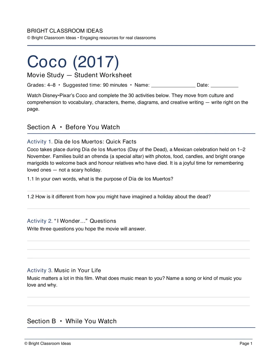 Coco movie study opening: students explain Día de los Muertos, write wonder questions and share what music means