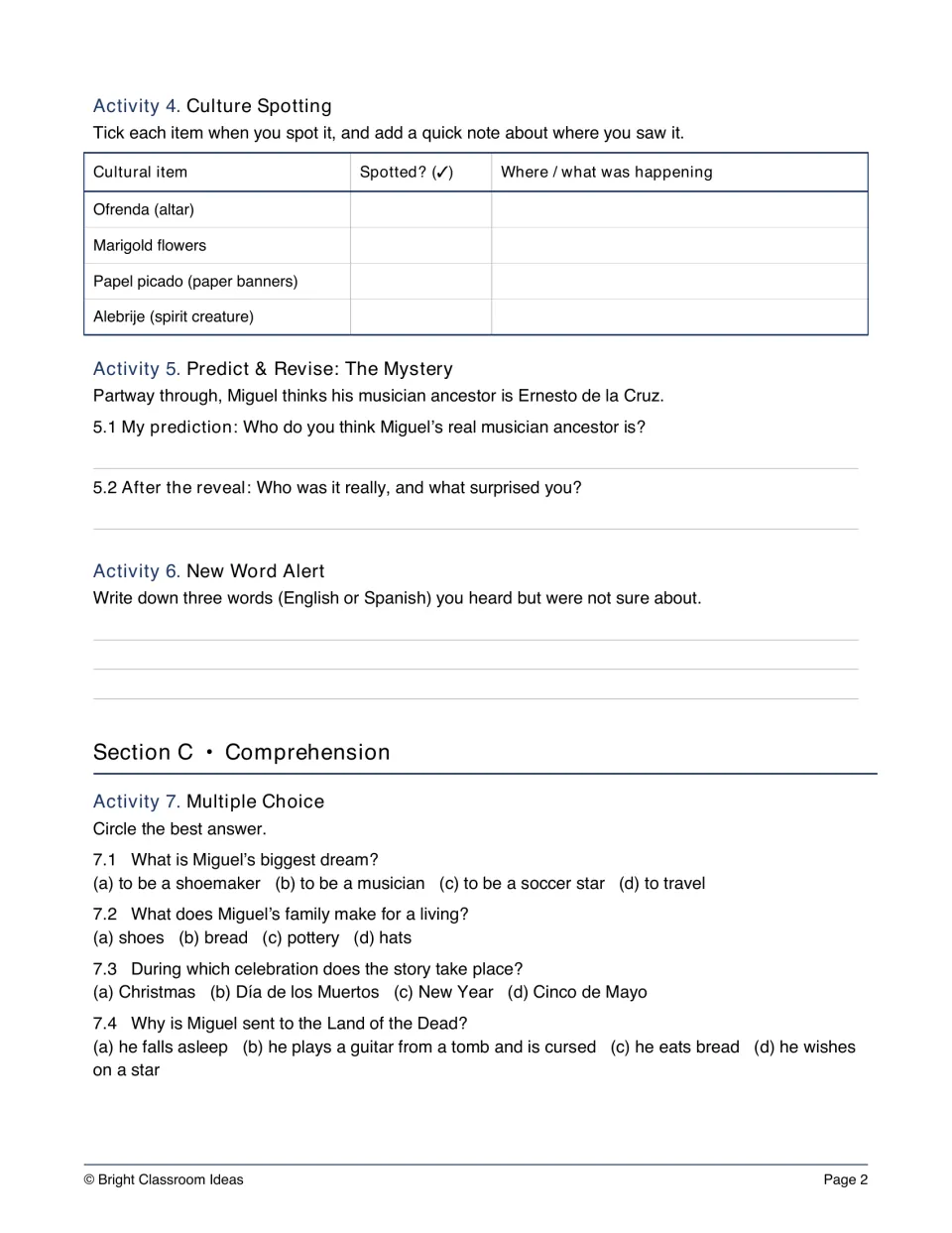 While-watching tasks: students tick cultural items spotted, predict Miguel's ancestor, circle multiple-choice answers