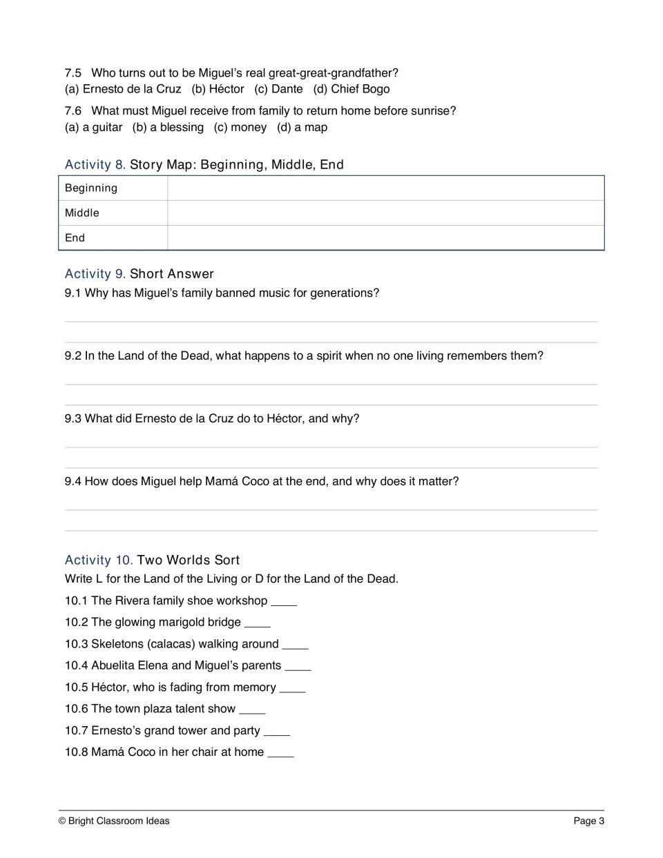 Coco comprehension: finish multiple choice, fill a story map, write short answers and sort living vs. dead places