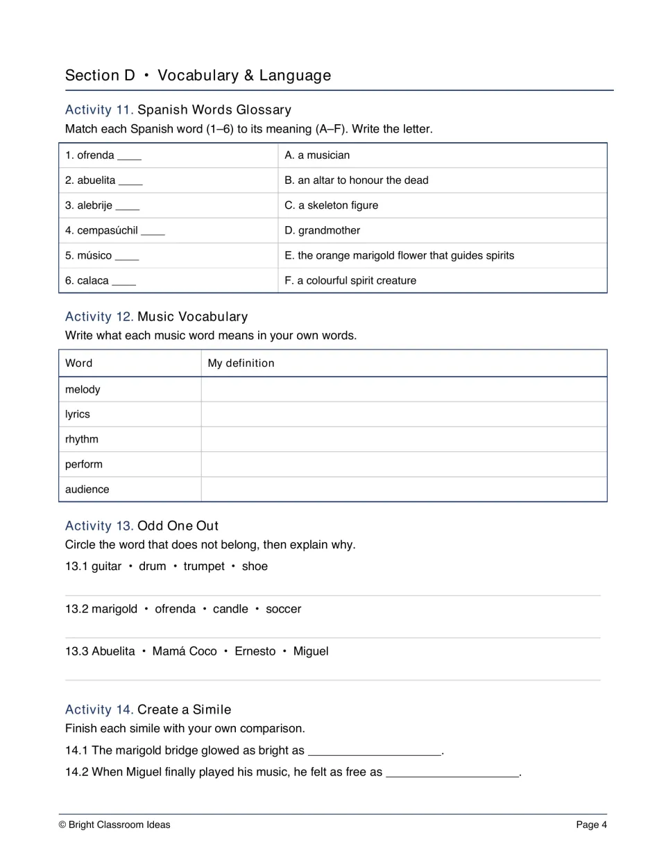 Vocabulary: students match six Spanish words to meanings, define music terms, circle odd words out, complete similes