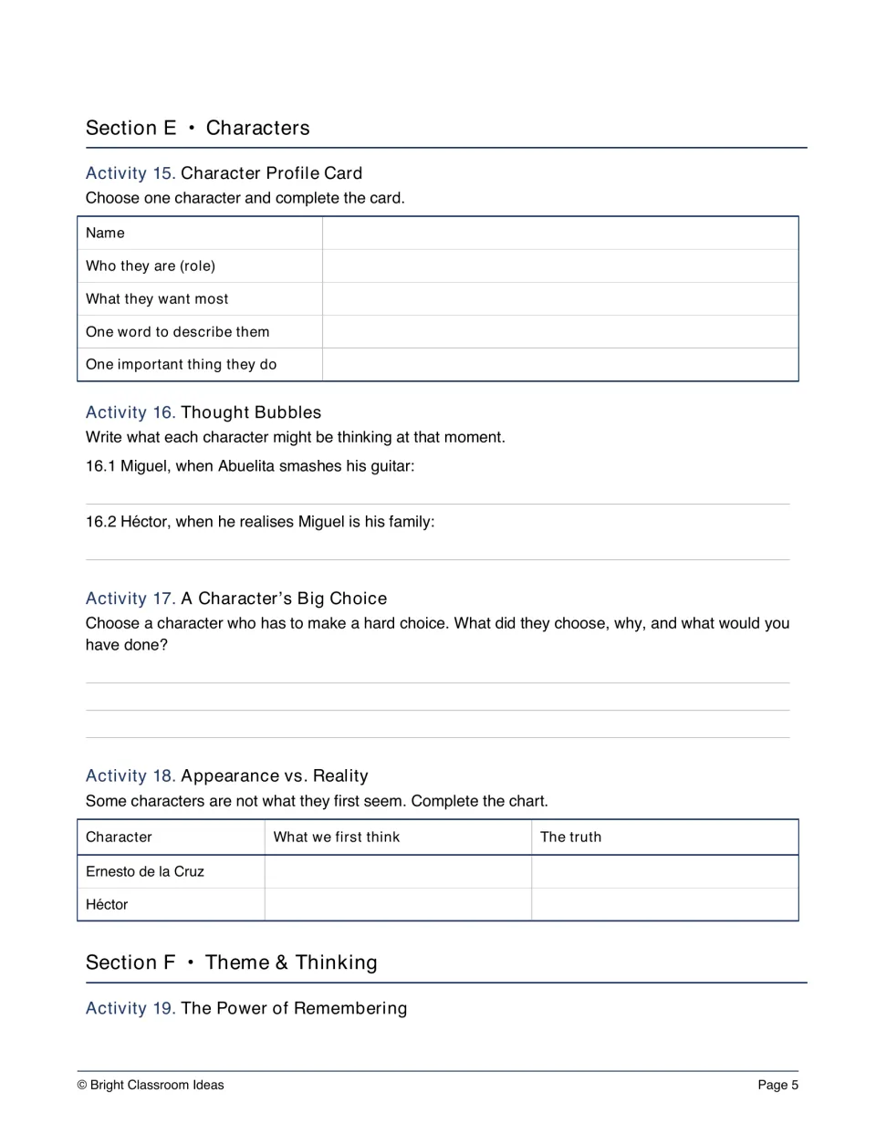 Characters: students fill a profile card, write thought bubbles, explain a big choice and chart appearance vs. reality
