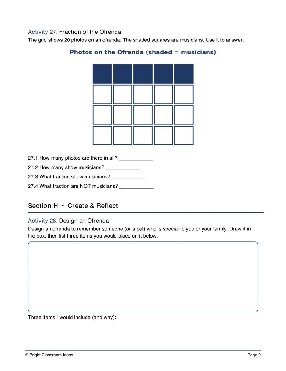 Ofrenda fractions: students read a 20-photo grid of shaded musicians, then design an ofrenda and list three items