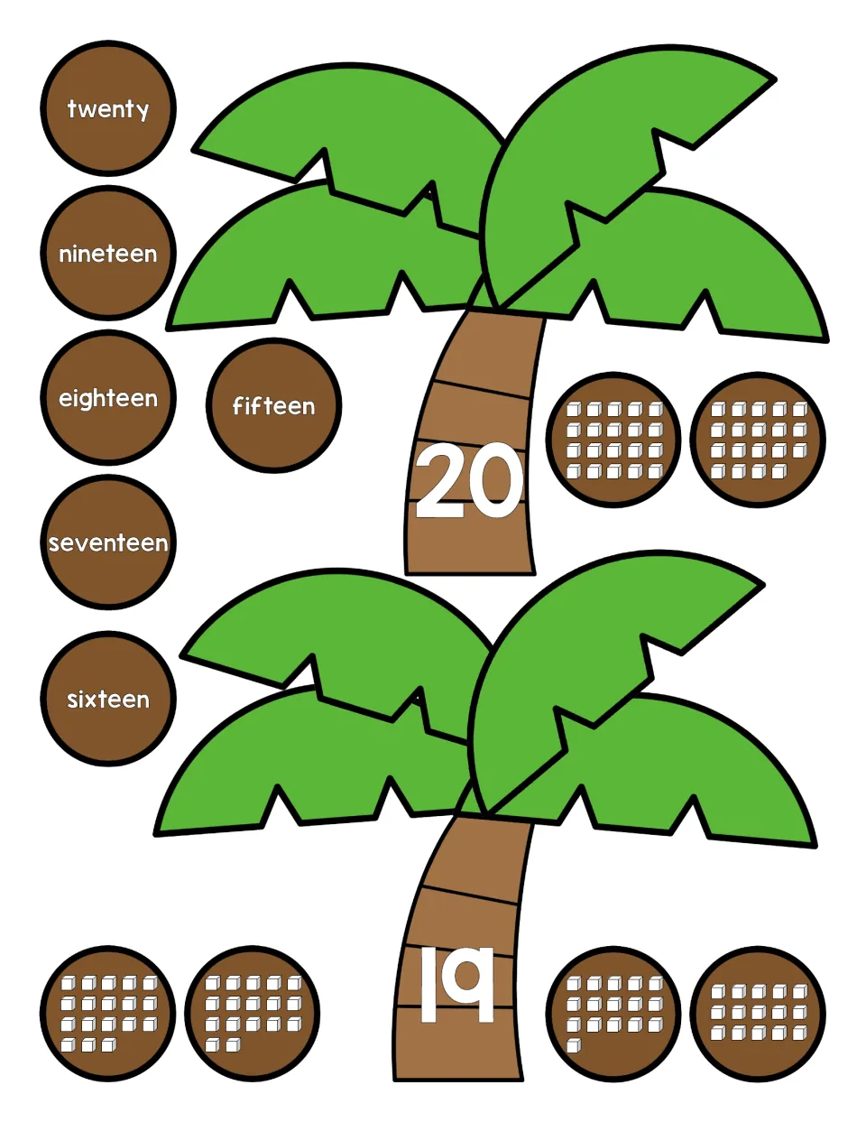 Number matching cut-out pieces: palm trees numbered 20 and 19 with coconuts showing words twenty to fifteen and cubes