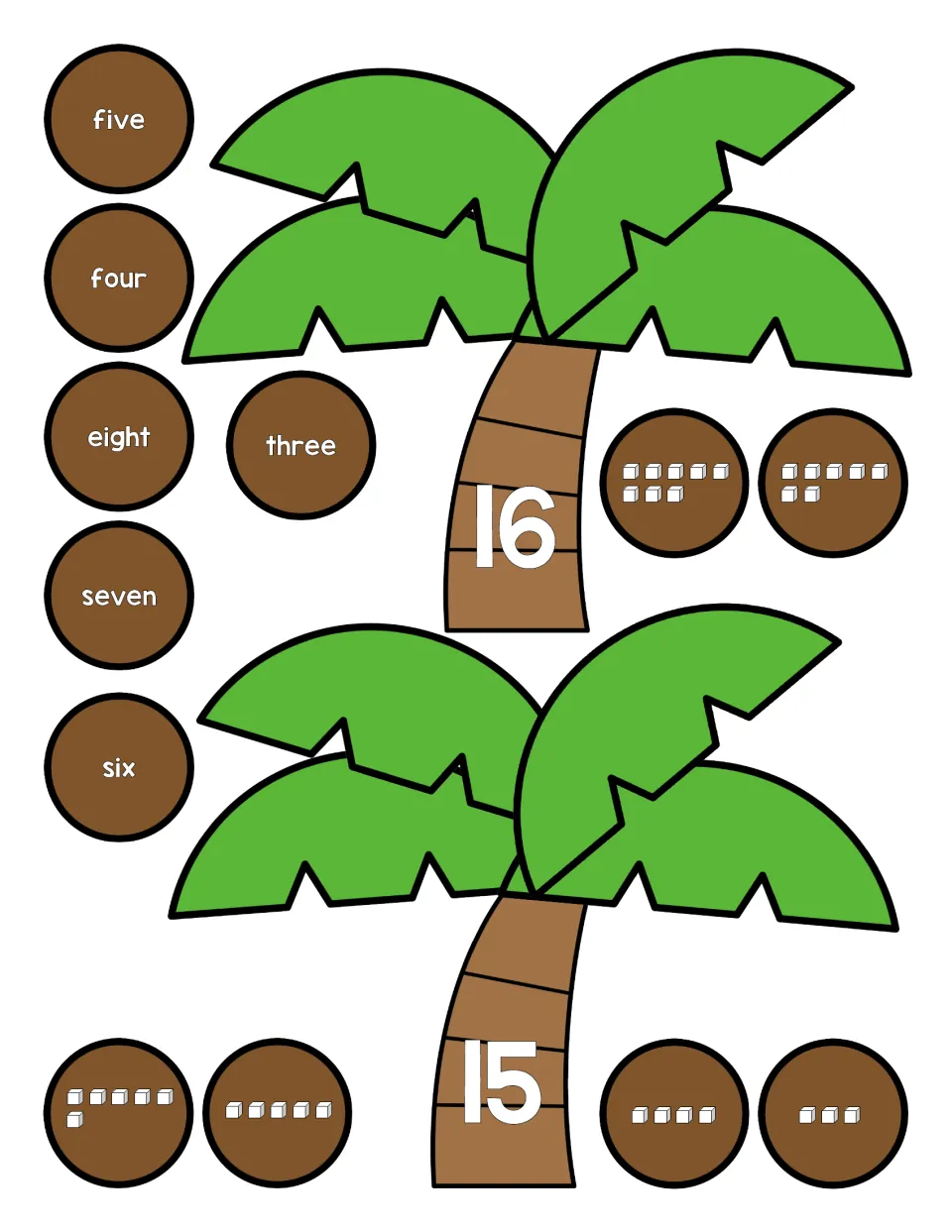 Cut-out palm trees numbered 16 and 15 with coconuts for number words eight to three and smaller sets of cubes to count